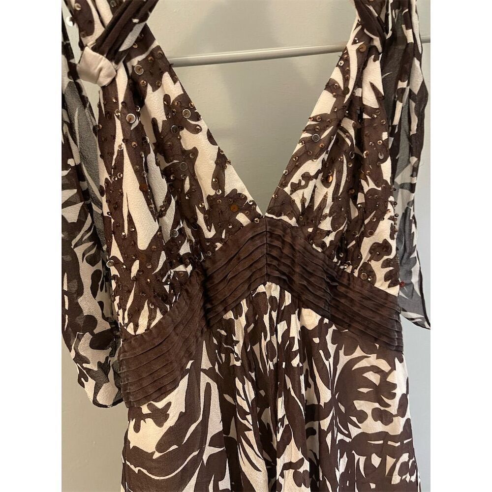 Brown and White V-Neck Floral Midi Dress